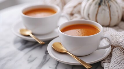 Beautiful photo of pumpkin soup in white plates on a white marble table