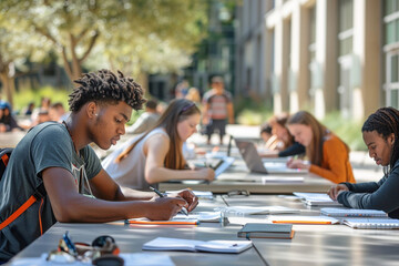 Students Group Study Session Outdoors. A group of diverse students engaged in a study session at an outdoor table, with books and notes spread out. - obrazy, fototapety, plakaty