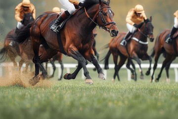 Horse and jockey competing in high-speed horse racing event, capturing the power and motion on the racetrack - obrazy, fototapety, plakaty