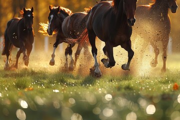 Majestic horses galloping with fiery highlights in their manes during golden hour, showcasing natural beauty and freedom - obrazy, fototapety, plakaty
