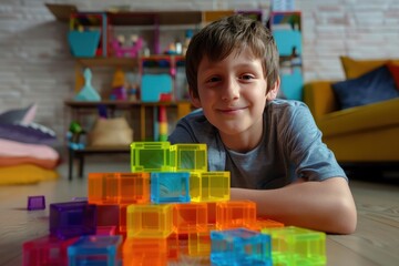 An eight-year-old boy assembles a house from multi-colored cubes while sitting on a wooden floor