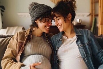 Two expecting parents tenderly hug, with a focus on the baby bump to symbolize growth and love - obrazy, fototapety, plakaty