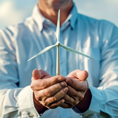 Man holding a wind turbine in his hands - 738063953