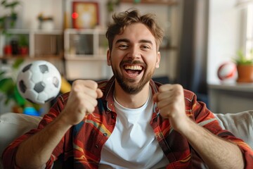 A man in a checkered shirt laughs heartily while holding a soccer ball, showing his enjoyment of a...