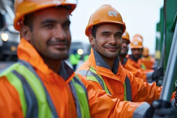Sanitation workers in reflective gear smiling beside a garbage truck during a waste collection job