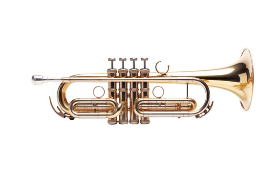 Brass Trumpet. A brass trumpet lies on a Transparent background, showcasing its shiny surface and intricate details.