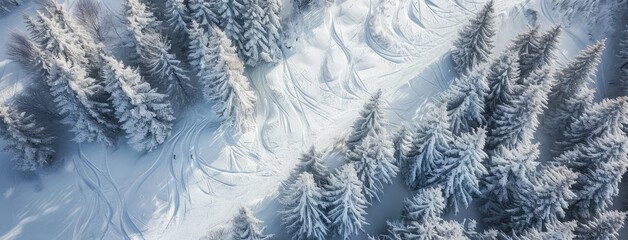 Aerial View of Snow-Covered Trees and Ski Tracks