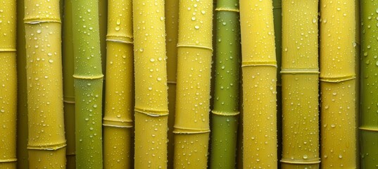 Close up of bamboo background with water drops, ideal for tranquil and refreshing natural concepts