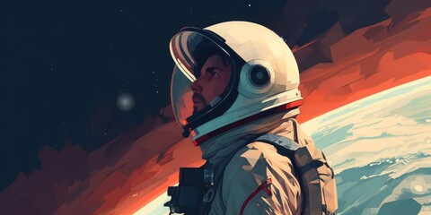 An imaginary painting of an astronaut with a red theme. - obrazy, fototapety, plakaty