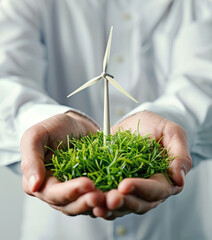 Man holding a wind turbine with green grass in his hands - 738064941