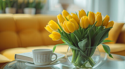 Home styling still life of flowers yellow tulips bouquet coffee yellow sofa - Powered by Adobe