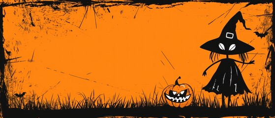 a black and orange halloween background with a little girl and a jack - o'- lantern in the grass. - obrazy, fototapety, plakaty