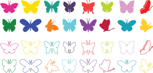 Butterflies silhouette colorful drawing flat or line icon set. Flaying butterflies vector collection isolated on transparent background. Use for graphic design, beauty, web and mobile app. - obrazy, fototapety, plakaty