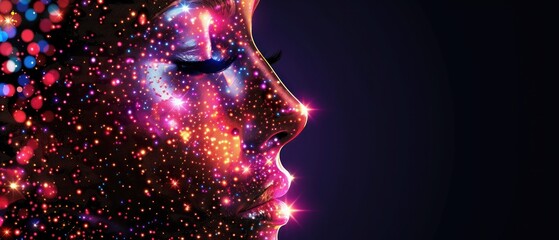 a close up of a woman's face with a lot of stars on her face and a black background.