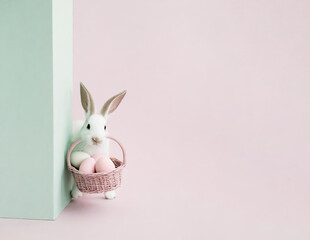 Obraz premium Cute bunny sneaking around the corner with easter basket, pastel, minimalist
