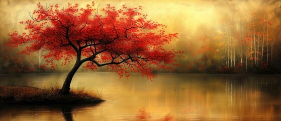 a painting of a red tree in the middle of a lake with a reflection of the tree in the water.