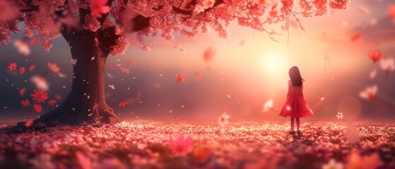 a little girl in a red dress standing in a field of flowers with a tree and sun in the background.