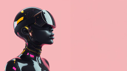 A woman wearing a virtual reality headset and glasses experiences a futuristic technology world. isolated on a plain background and explores artificial intelligence and innovation concepts in science