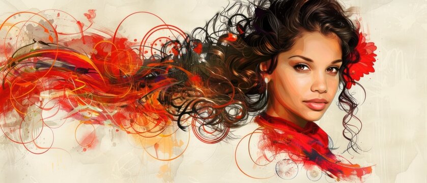 a digital painting of a woman's face with red, orange, and black swirls on her hair.