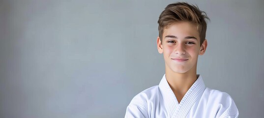 Smiling european boy at judo karate training lesson looking at camera with text space