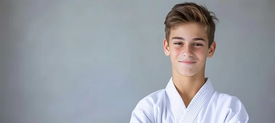 Fototapete Smiling european boy at judo karate training lesson looking at camera with text space © Andrei
