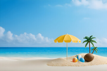 Miniature beach model, white sand, miniature azure waves, diminutive palm trees, a petite striped beach umbrella planted in the sand, a tiny vibrant beach ball. Generative AI