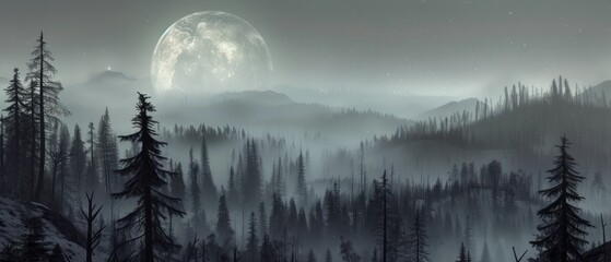 a black and white photo of a forest with a full moon in the sky and trees in the foreground. - obrazy, fototapety, plakaty