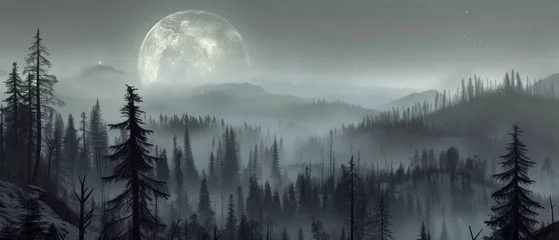 Wall murals Forest in fog a black and white photo of a forest with a full moon in the sky and trees in the foreground.