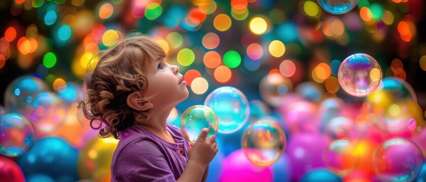 a little girl is blowing bubbles in front of a colorful display of lights on a building with a christmas tree in the background.