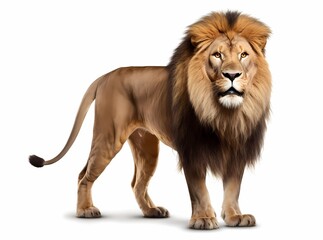 Lion standing and looking at camera, front view, isolated on white, Generative AI illustrations.
