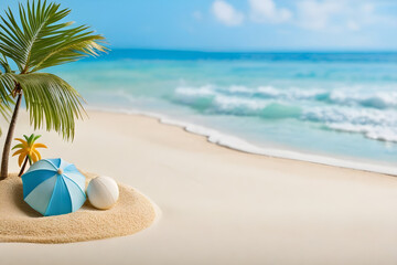 Miniature beach model, white sand, miniature azure waves, diminutive palm trees, a petite striped beach umbrella planted in the sand, a tiny vibrant beach ball. Generative AI