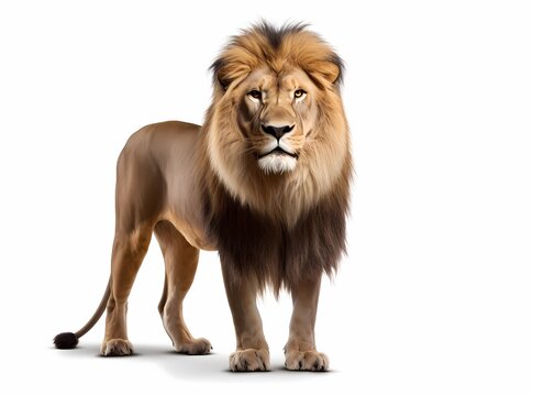 Lion standing, side view, isolated on white background with shadow, Generative AI illustrations.