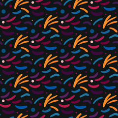 Seamless pattern with colorful abstract shapes on black background. Vector illustration.