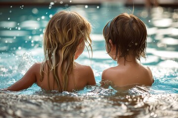 Sun-kissed backs of young children playing in a pool, depicting childhood, joy, and summer fun