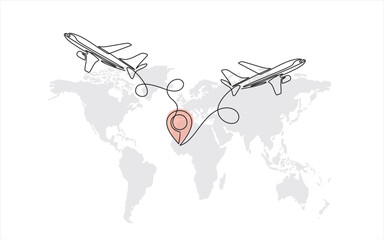Continuous line drawing of Airplane line path vector icon of air plane flight route with start point and trace of one line - Vector illustration. - Vector