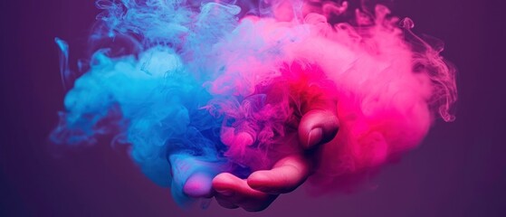 a person holding out their hand with colored smoke coming out of the palm of their hand on a purple and pink background.