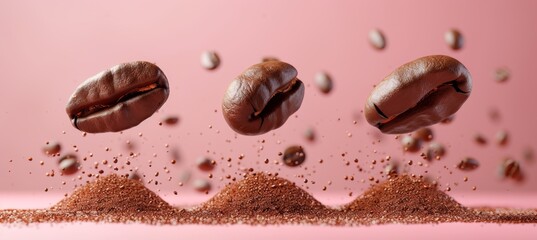 Levitating roasted coffee beans on light pastel background with copy space for text placement