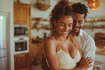 A beaming couple shares an affectionate embrace, exuding happiness in a modern kitchen - obrazy, fototapety, plakaty