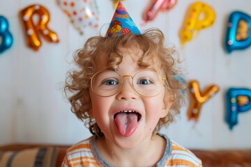 A smiling child with curly hair and glasses sticks out the tongue, wearing a birthday hat against a festive backdrop