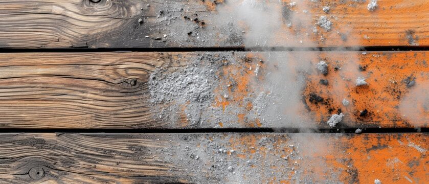 a close up of a piece of wood that has been painted orange and gray with white smoke coming out of it.