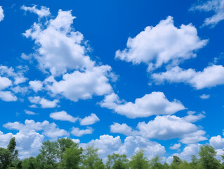 Blue sky with white clouds and trees in the park. Nature background. landscape with blue sky and white clouds in the spring, nature series.