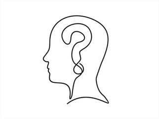 Concept of confused feelings in one continuous line drawing. Human head with question mark inside in simple linear style. Doodle Vector illustration for banner, brochure, poster, presentation