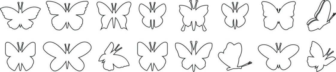 Butterflies silhouette black drawing line icon set. Flaying butterflies vector collection isolated on transparent background. Use for graphic design, beauty, web and mobile app.