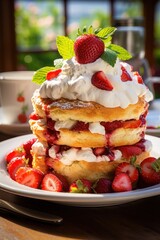 classic strawberry shortcake, with layers of sponge cake, fresh strawberries, and billows of whipped cream, dessert photography, best for banner, flyer, and poster