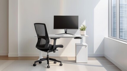 Sleek Office Setup with White Desk, Black Chair, and Single Monitor AI Generated.