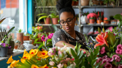 Local business. Young beautiful florist standing in her shop, working on flower bouquet. 