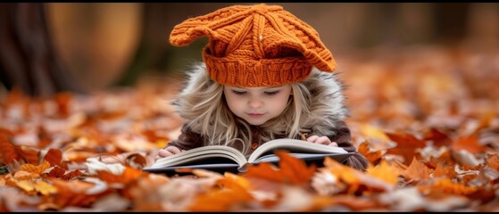 a young girl is reading a book in a pile of autumn leaves in a park with an orange knitted hat on her head.