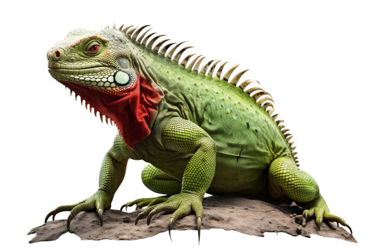 Green Iguana With a Red Scarf on Its Head. A green iguana with a red scarf wrapped around its head poses for the camera.