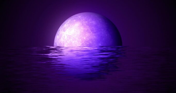 Full and New moon phases on a starry sky and water waves bright neon rays, vibrant shine with neon glow around the moon. Neon Fly to The Moon. Purple color Background loop animation.