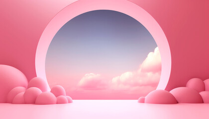 Clean 3D render of podium presentation with pink and cloudy sky background.